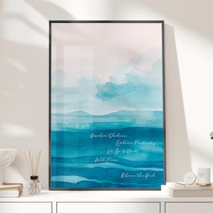 Shine Bright Embrace Positivity Blue Watercolor Abstract Wall Art Poster or Canvas Print, Calm Wellness Breathe Home Motivational Wall Decor