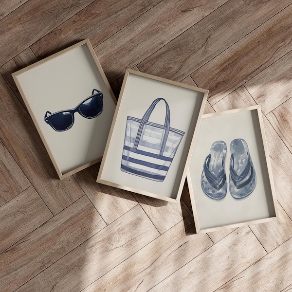 Navy Blue Sunglasses Beach Bag Flip Flops Watercolor Art Print 3-Piece Set Poster or Canvas Prints, Summer Accessories Art Beachy Wall Art