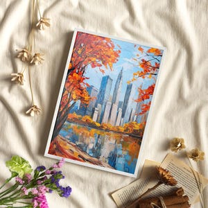New York Cityscape in Autumn Oil Painting Poster or Canvas Print, NYC Skyline Print, Modern City Fall Landscape, Impasto Style Urban Art