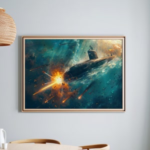 Underwater Submarine Torpedo Battle Art Print or Canvas, Ocean Nautical Gift for Military Wall Art, Bold Sub Battle With Explosions Poster