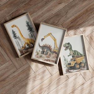 Watercolor Construction Dinosaurs 3 Piece Set Wall Art Poster or Canvas Print, Cute Dinosaur Nursery Decor, Minimalist Modern Animal Print