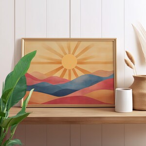 Boho Sun Above Desert Dunes Colorful Illustration Poster or Canvas Print, Neutral Nature Abstract Desert Landscape, Minimalist Home Decor
