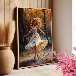 Elegant Girl Dancing in Autumn Forest with Swirling Fall Leaves Poster or Canvas Print, Graceful Beautiful Woman Art, Female Fall Wall Decor