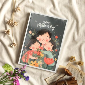 Whimsical Mother and Children Portrait Poster or Canvas Print, Cute Mother's Day Illustration, Floral Gray Aesthetic Cartoon Love Poster