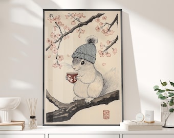 Squirrel Sipping Tea Block Print Style Japanese Wall Art Poster or Canvas Print, Whimsy Squirrel and Cherry Blossoms Winter Floral Art Print