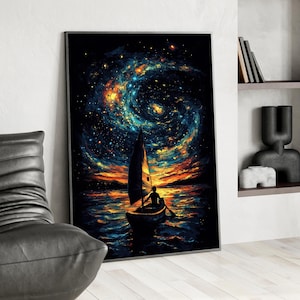 Galaxy Starry Night Rowing Art Print Poster or Canvas, Glowing Sailboat Celestial Art, Sunset Horizon Wall Art, Swirling Sky Ethereal Dark