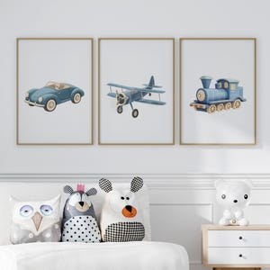 Vintage Toy Transportation 3 Piece Set Nursery Decor, Minimalist Travel Prints, Watercolor Prints, Hot Air Balloon Plane Train Art Prints