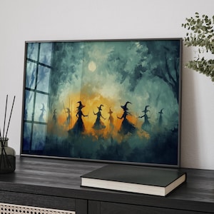 Moonlit Dancing Witches in a Misty Field Impressionism Painting Poster or Canvas Print, Witchy Halloween Art, Mystical Art Goblincore Decor