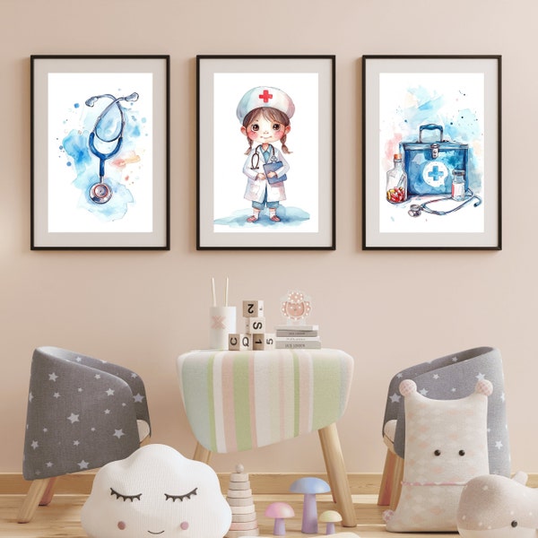 Aquarel-stijl kleine meisje arts muur kunst set van 3, medische kit print, trendy meisje slaapkamer decoratie, perfect cadeau voor meisje peuter kunst