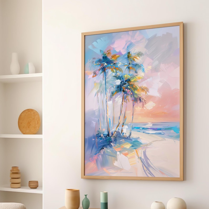 Palm Tree Girly Pastel Pink Blue Abstract Coastal Art Poster or Canvas