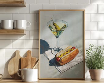 Hot Dog and Dirty Martini Still Life Print Poster or Canvas, Funny Food Art, Realistic Oil Painting, Bar Cart Wall Print, Food Lover Gift