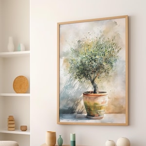 May include: A watercolor painting of a potted olive tree with a brown pot and a green and brown trunk. The tree is set against a light brown background with a watercolor effect.