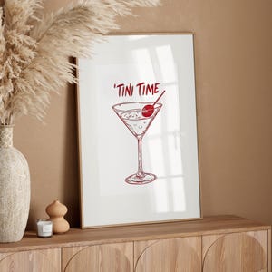 Tini Time Martini Red Minimalist Cocktail Poster or Canvas Print, Modern Bar Cart Art Decor Print, Cocktail Retro Dorm Martini Art Print