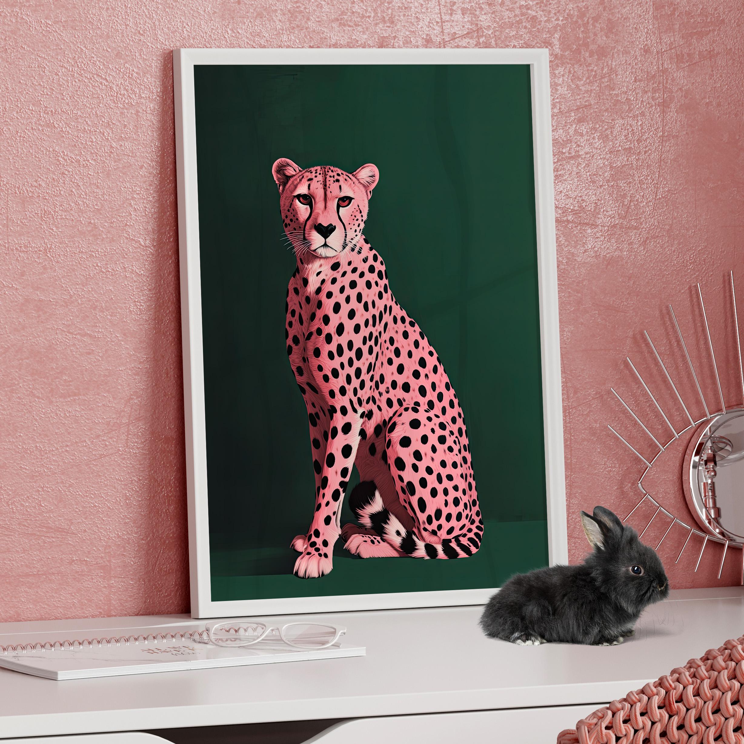 Pink Cheetah Portrait Emerald Green Wall Art Print or Canvas, Pink