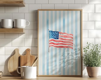 Minimalist American Flag Wall Art Poster or Canvas Print, Coastal Cowgirl Preppy Poster, Nantucket Summer Print, Memorial Day Beachy Decor