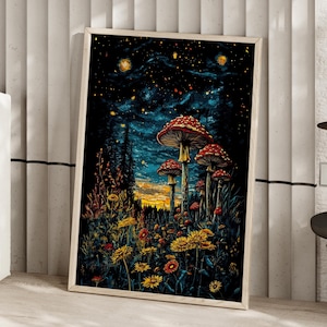 Dark Botanical Van Gogh Inspired Painting Poster or Canvas Print, Mushrooms and Wildflowers Wall Art, Dark Starry Night Sky Sunset Art Print