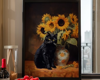 Claude Monet Sunflowers Cat Print or Canvas, Monet Cat Poster, Cat Mom Art Blooming Floral Painting, Funny Famous Cat Lovers Gift Mama Decor