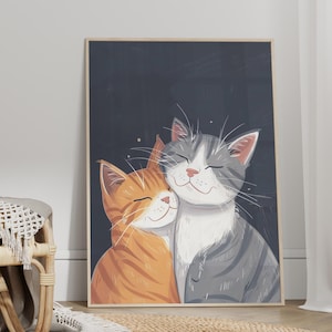 Two Adorable Cuddling Cats and Snuggling Each Other Art Print or Canvas, Kitten Animal Cute Pet Portrait Cat Lover Gift, Lovely Cats Poster