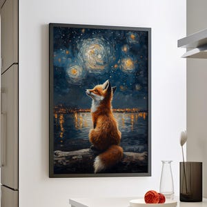 Red Fox Portrait Starry Night Sky Van Gogh Inspired Oil Painting Poster or Canvas, Fox Stargazing Abstract Art Wild Animal Kit Art Print