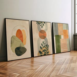 Earthy Boho Abstract Tropical Botanical 3 Piece Set Wall Art Poster or Canvas Print, Geometric Shapes Minimalist Mid Century Modern Wall Art