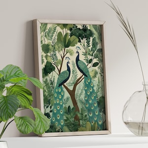Peacock Forest Art Print or Canvas Print, Emerald Teal Nature Wall Art Poster, Pastel Green Bird Pattern, Whimsical Foliage Botanical Print