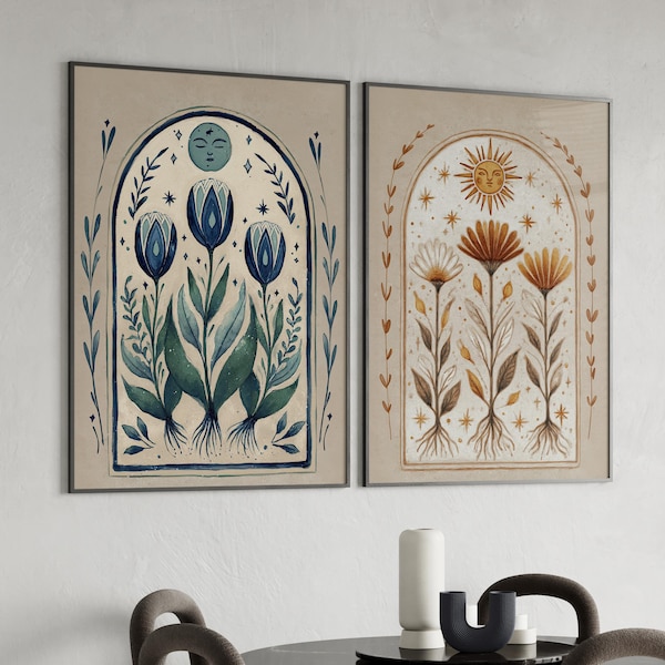 Vintage Moon and Sun Boho Wall Art Set of 2 Poster or Canvas Prints, Earthy Tone Floral Botanical Art Print, Folklore Art Cottagecore Decor