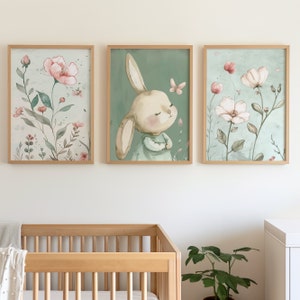 Whimsical Bunny Floral Nursery Set of 3 Art Print or Canvas, Bunny and Butterfly Poster, Blush Pink Nursery Wall Decor, Newborn Baby Gift