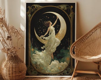 May include: A framed art print featuring a woman in a flowing white gown reaching for a crescent moon. The artwork has a vintage aesthetic with a dark background, stars, and decorative gold accents. The woman is surrounded by clouds.