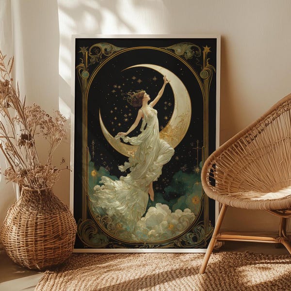 Moon Goddess Wall Art Poster or Canvas Print, Vintage Art Nouveau, Mystical Celestial Wall Art, Crescent Moon Woman, Witchy Lunar Home Decor