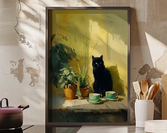 Retro Black Cat and Coffee Still Life Poster or Canvas Print, Vintage Breakfast Table Kitchen Wall Art, Dining Room Decor, Cat Lover Gift