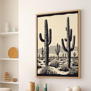 Rustic Minimalist South Western Desert Inspired Landscape Wall Art , Eclectic Boho Style Black and White Poster , Texas Home Cabin and Ranch