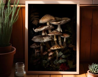 Vintage Gothic Mushroom Dark Art Print or Canvas, Dark Cottagecore Mushroom Wall Decor, Dark Moody Mycology Lover Botanical Mushroom Poster