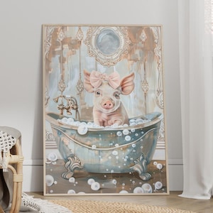 Cute Piglet in Bathtub Vintage Art Print or Canvas, Retro Elegant Pig Tub Art, Whimsical Pig Nursery Decor, Pig with Bow Bathroom Wall Art