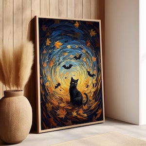 Black Cat And Bats un Autumn Swirls Fantasy Art Print, Black Cat Halloween Wall Decor, Spiral Leaves Illustration Mystical Magical Art Print