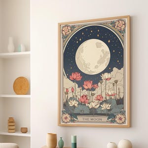 The Moon Tarot Card Wall Art Poster or Canvas Print, Celestial Lotus Wall Art, Floral Moon Art Boho Mystical Decor, Vintage Astrology Poster