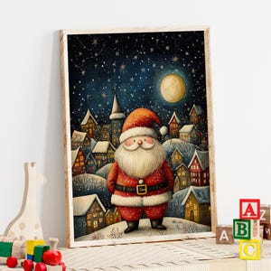 Whimsical Santa Claus Gouache Christmas Art Poster or Canvas Print, Starry Moonlit Scene, Snowy Hills and Houses, Enchanting Holiday Decor