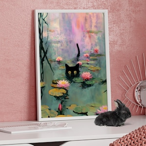 Monet Black Cat Waterlily Art Poster or Canvas Print, Black Cat on Lily Pads, Claude Monet Inspired Poster, Floral Wall Art, Funny Cat Gift
