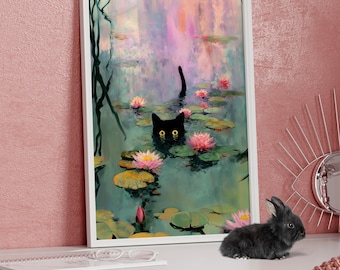 Monet Black Cat Waterlily Art Poster or Canvas Print, Black Cat on Lily Pads, Claude Monet Inspired Poster, Floral Wall Art, Funny Cat Gift