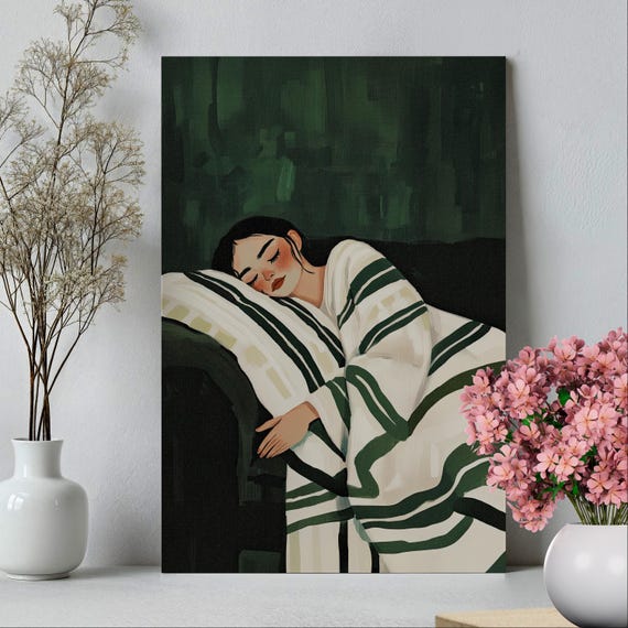 Striped Woman Sleeping Painting Poster or Canvas Print, Emerald Green Print, Modern Cozy Art for Women Bedroom Wall Decor Abstract Art Print