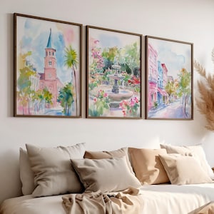 Cityscape Charleston SC Set of 3 Art Poster or Canvas Print, Rainbow Row, Pineapple Fountain, Church Steeple, Love Shack Fancy Wall Prints