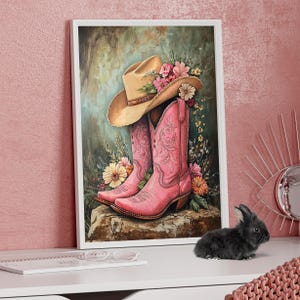 Vintage Cowgirl Pink Boots and Hat Floral Oil Painting Poster or Canvas Print, Rustic Cowboy Art, Flowers and Boots Boho Pink Western Poster
