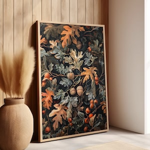 Oak Tree William Morris Wall Art Print, Vintage Autumn Acorn Gift For Her in Cottagecore Dark Academia Decor Style, Mid Century Botanical