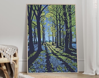 Woodland Bluebells Illustration Poster or Canvas Print, Bluebells Lino, Botanical Bluebells Forest Floral Art Print, Nature Art Wall Decor