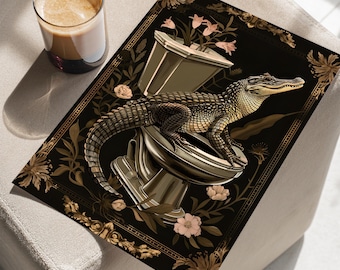 Botanical Alligator on the Toilet Floral Vintage Style Whimsical Wall Art Poster or Canvas Print, Crocodile on Potty Funny Bathroom Sign