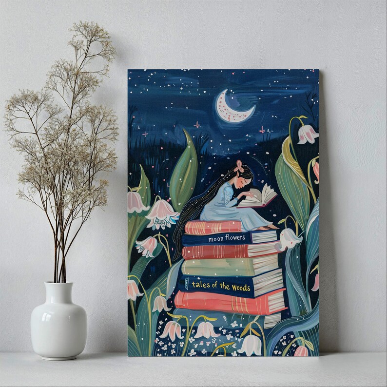 May include: A girl sits on a stack of books reading a book under a crescent moon. The books are titled "Moon Flowers" and "Tales of the Woods". The background is a dark blue night sky with stars and white flowers.