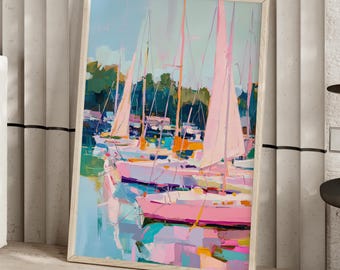 Pink Sailboats At The Marina Port Abstract Painting Poster or Canvas Print, Coastal Seascape Painting, Sailboat in Harbor Nautical Wall Art