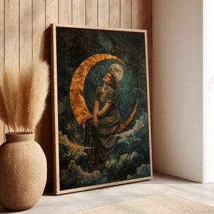 Woman Sitting on the Moon William Morris Painting, Dark Cottagecore, Crescent Moon Art Print, Woman and Moon Print, Canvas or Poster Print