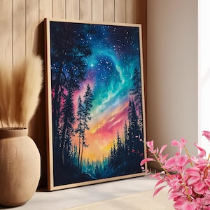 Forest Night Sky with Aurora Borealis Wall Art Poster or Canvas Print, Cottagecore Magical Celestial Nature Scene, Cozy Woodland Artwork