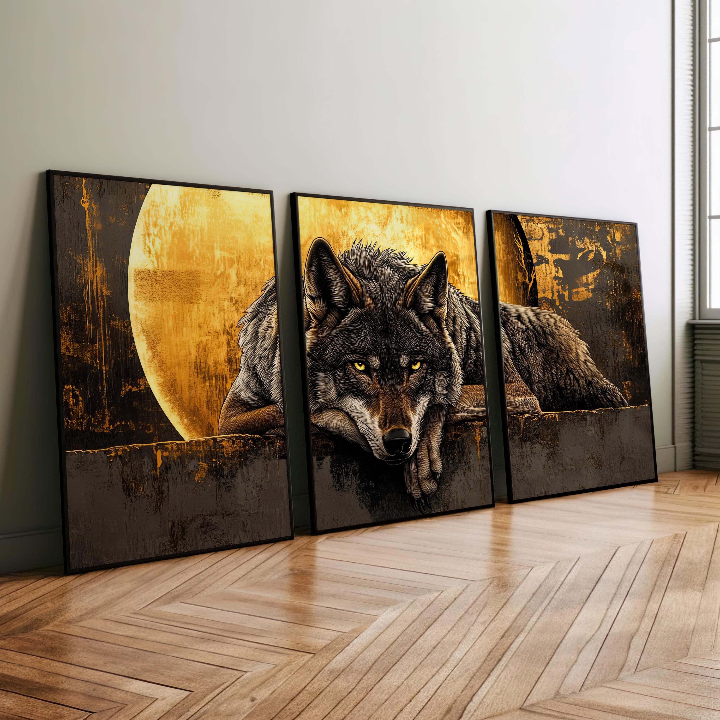 Wolf Full Moon Painting 3 Piece Set Poster or Canvas Print, Rustic Wolf on Moon Background Wall Art, Hunter House Decor, Golden Moon Poster
