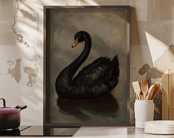Elegante poster o tela raffigurante un cigno nero in stile vintage, stampa artistica dark in stile gotico vittoriano con cigno nero, arredamento cottagecore, estetica animalesca malinconica